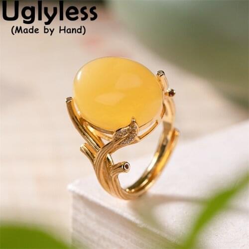 Uglyless Chicken Oil Amber Beeswax Rings for Women Blank Gemstones Fashion Jewelry Natural Gemstones Rings 925 Silver Branches