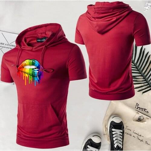 Men Fashion Cotton Casual Short Sleeve Round Neck T-Shirt Lovely Kiss Lip & Zipper Cat Graphic Hooded Soft Quality Tee Shirts