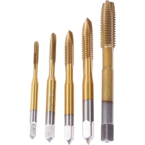 Multifunction 5pcs Titanium Coated Screw Thread Plug Tap HSS Spiral Flute Metric Machine Screw Tap Drill Set M3/M4/M5/M6/M8