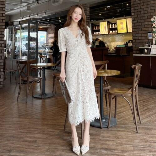 Summer New Elegant Hollow Out Lace Dress Women Rhinestones Beading Sheath Dresses Casual Office OL Vestidos
