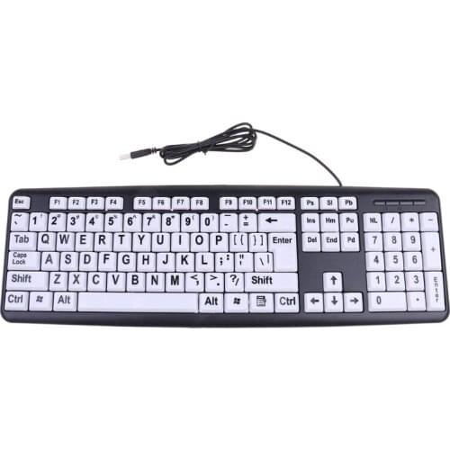 USB Wired PC Computer Gaming Mechanical Keyboard High Contrast Large Print White Keys Black Letter for Old People