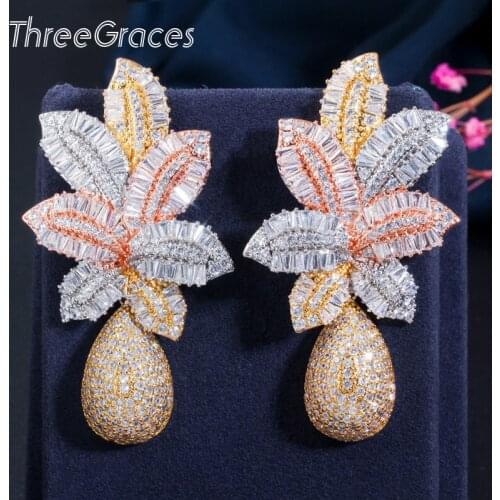 ThreeGraces Gorgeous 18k Gold Cubic Zirconia Stone Paved Nigerian Wedding Jewelry Long Drop Dangle Leaf Earrings for Women ER365