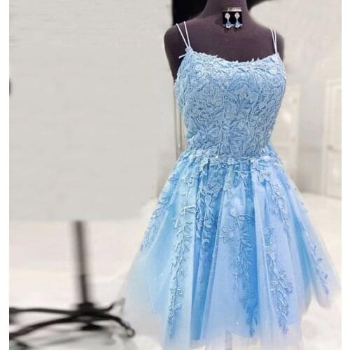 Blue Sleeveless Short Homecoming Dresses 2021 A Line Spaghetti Strap Mini Lace Tulle Prom Party Gowns with Appliques Ruched