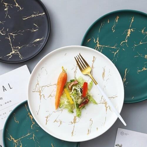 Nordic Creative Matte White Black Green Glaze Gold Edge Disc Marble Ceramic Plate Household Microwave Restaurant Dinner Plates