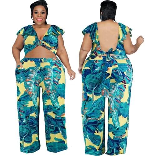 Sexy Club Outfits Women 2021 2 Piece Sets Womens plus size Backless Tops + Wide Leg Pants Flower Printed Beach Two Piece Suits