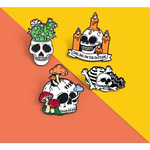 Succulent Potted Skeleton Enamel Pin Cactus Mushroom Candles Brooches Bag Lapel Pin Punk Dark Gothic Badge Jewelry for Friends
