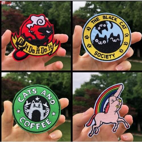 Pulaqi Hippie Round Patch Stripes Iron On Embroidered Patches For Clothing Rock Cat Badge Stickers On Clothes Applique Washable