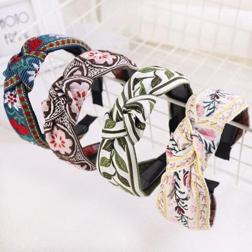 Ethnic Style Flower Embroidery Hairbands For Women Top Knot Headband Bezel Female Hair Hoop Headwear Hair Accessories