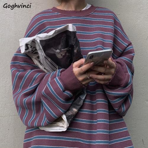 Hoodies Women Vintage Oversize Harajuku Students Simple All-match Causal New Trendy Chic Striped Long Sleeve O-Neck Loose Womens