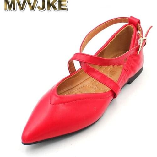 MVVJKE New Concise Cross Ballet Flats Soft Leather Shallow Pointed Toe Ankle Strap Flat Shoes Comfortable Red Women Shoe