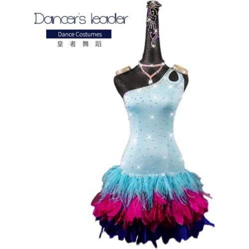 Latin Dance Dress Woman Blue Feather Dance Competition Costume Adult Children High-end Custom Professional Stage Performance