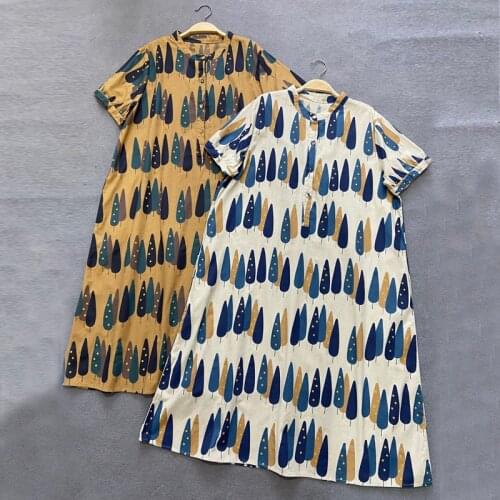 Johnature Summer New Vintage Print Dress For Women 2021 Japanese O-neck Short Sleeve Loose Button Pockets Dresses