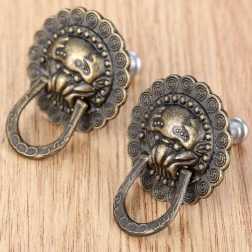 2Pcs Vintage Bronze Lion Head Jewelry Box Pull Knob Door Furniture Handle Cabinet Dresser Drawer Pull Knob Furniture Hardware