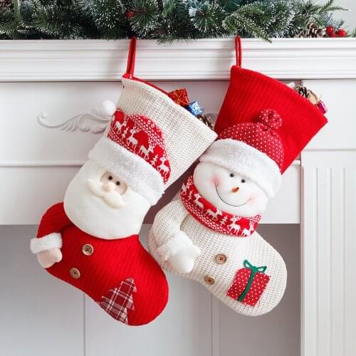Large Red White Knitted Christmas Stocking Santa Claus Fireplace Decor Socks Xmas Gift Bags Candy Holder Decor for Home