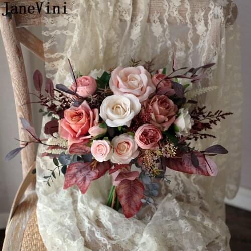 JaneVini Oil Painting Style Wedding Flowers Autumn Bridal Bouquets Artificial Coffee Pink Bride Ribbon Blumenstrauß Hochzeit