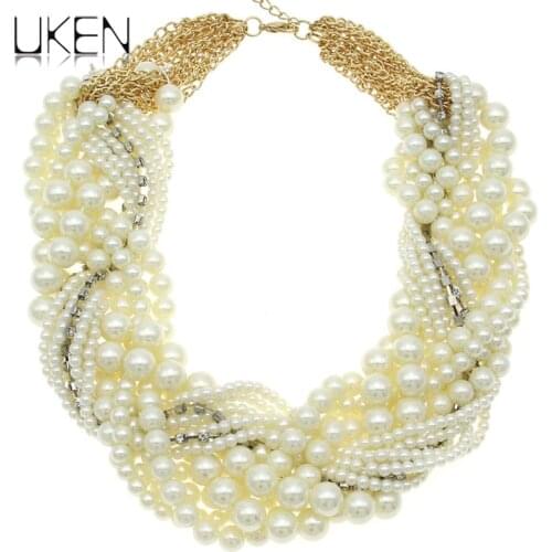 UKEN Ladies Imitation Pearl Necklace Fashion White Beads Rhinestones String Women Collar Chokers Necklaces Statement Jewelry