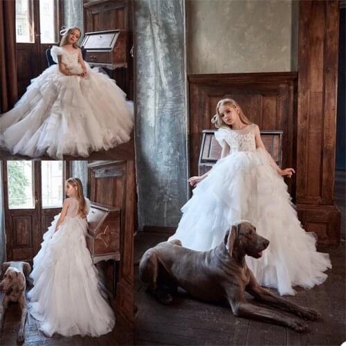 Elegant Vintage White Tulle Flower Girls Dresses Princess Ball Gowns Ruffle Puffy Girls Princess Girls First Communion Dress