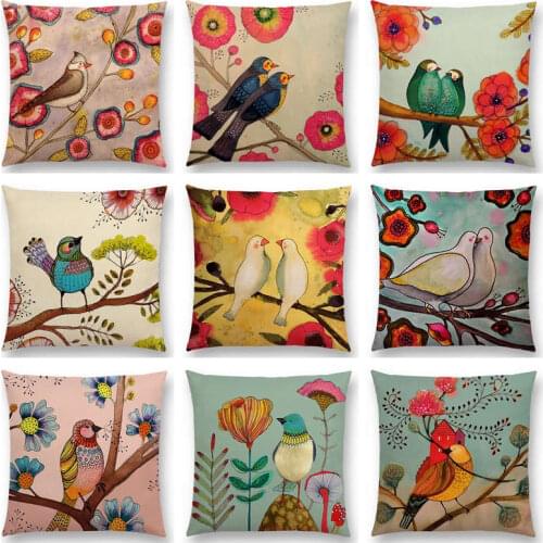 Hot Sale Lovely Watercolor Little Birds Cute Colorful Flowers Music Good Mood Floral Painting Nature Cushion Sofa Throw Pillow
