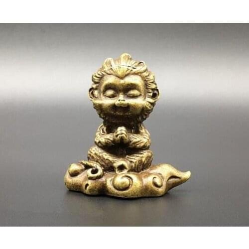 Chinese Fengshui Copper Carving Retro Pure Brass Monkey King Sun Wukong Monkey Buddha small statue Decoration