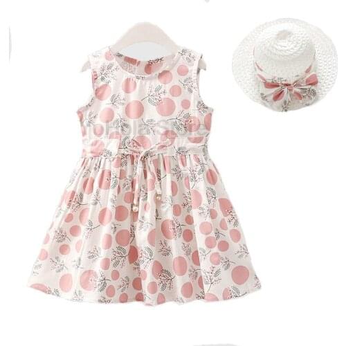 Summer Dresses for Girls Childrens Clothing Baby Party Clothing for Girls Dress Pink Dot Princess Dresses Bow Hat Outfits