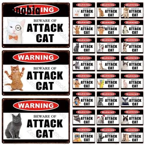 Metal Sign Beware of The Cat Warning Sign Pet Cat Wall Poster Decoration Vintage Tin Plaque for Pet Shop Bar Pub Club Room Decor