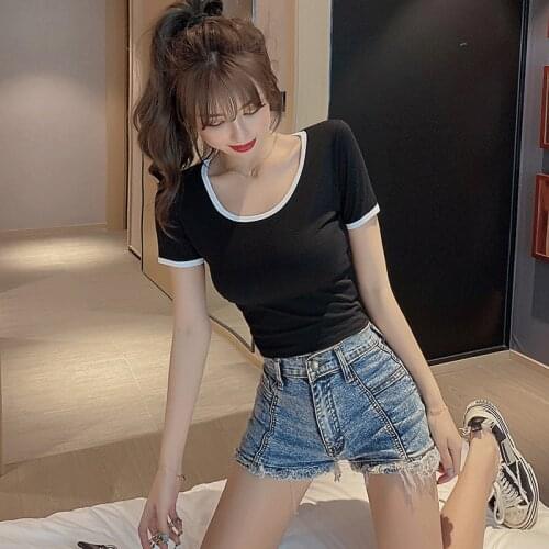 Fashion O neck Korean Pure Cotton T-shirts Girls Ladies Sexy Top Basic Shirts Tee top short