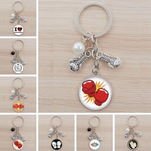 Fashion glass keychain boxing gloves pendant boxer sports keychain fighting jewelry mens car key ring souvenir gift