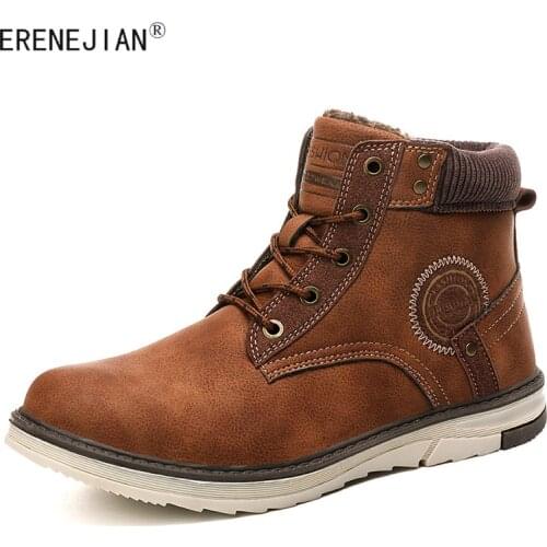ERENEJIAN Mens Warm Suede Snow Boots Fleece Lined Thermal Ankle Boots Anti-skid Waterproof Leather Shoes Footwear