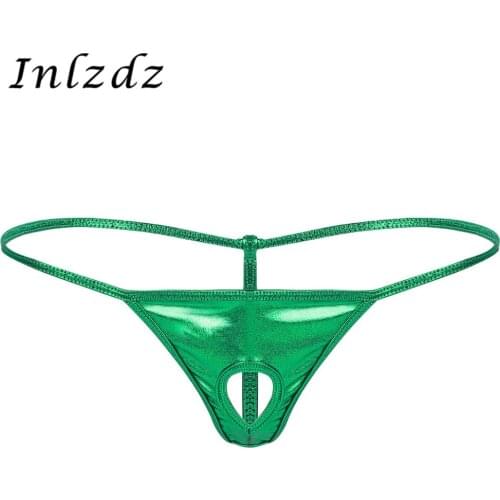 Mens Lingerie Sex Underwear Shiny Metallic Lingerie Low Rise Front with Penis Hole T-back Open Butt G-String Thong Bikini Briefs