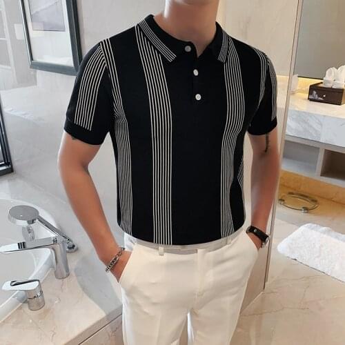 2021 New Mens Knitted Slim POLOS British Style Striped Polo Shirt Mens Summer Short Sleeve Polos Slim Casual Social POLO Shirt