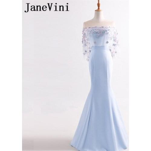 JaneVini Elegant Mermaid Long Bridesmaid Dresses With Sleeves Sheer Neck Embroidery Appliques Zipper Back Wedding Party Gowns