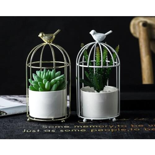 Ins Light Luxury Iron Pot Gold Plated Bird Cage Vase With Iron Frame Nordic Gold Iron Ceramic Pot