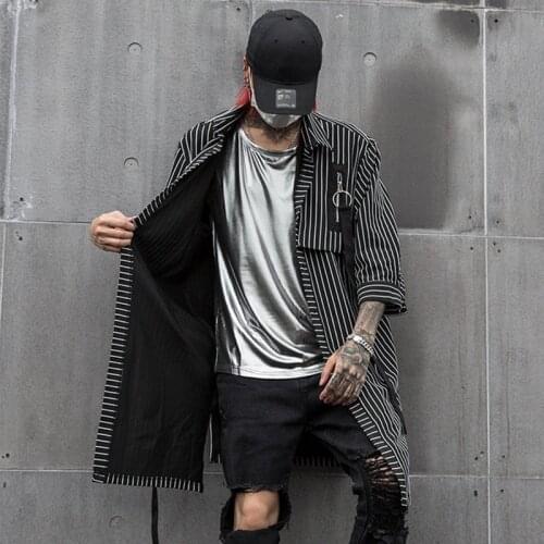Men spring summer ribbon multi zipper vertical striped long shirt irregular hem design man vintage street punk hip hop blouse