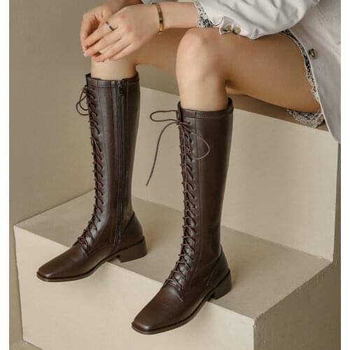 EshtonShero Winter Knee High Boots Women Fashion Black Square Heel Woman Leather Shoes Pointed Toe Winter Lace Up Size 3-9