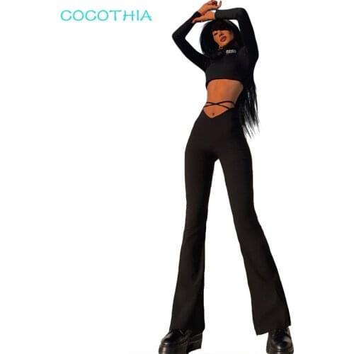 COCOTHIA Sexy High V-shaped Waist Bodycon Flare Pants Lace Up Female Party Skinny Wide Leg 2021 Black Leisure Fashion Trousers
