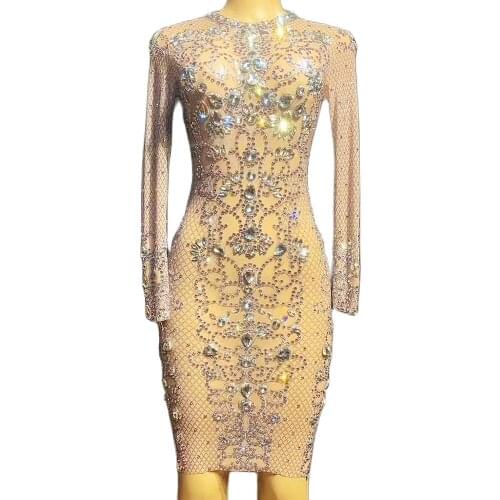Rhinestones Floral Pattern Above Knee Dresses Nude Mesh Gauze Bag Hip Dress Party Evening Costume Nightclub Costumes Performance
