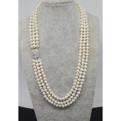WOW! 3rows freshwater pearl white near round 7-8mm necklace 19-21inch nature wholesale FPPJ