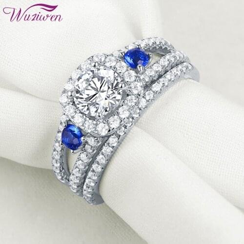 Wuziwen 925 Sterling Silver Wedding Rings For Women White Blue Round Cut AAAAA Zircon Engagement Ring Set Classic Jewelry QR4417