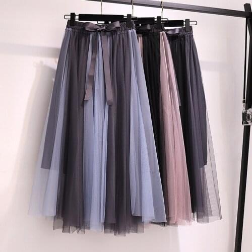 Spring Contrast Color Mesh Patchwork Maxi Long Skirts High Waist Bowknot A-line Tulle Women Skirts Elegant White skirt