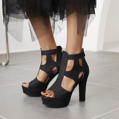 US4-14 Womens Platform Open Toe Cut Out Block High Heel Sandals Sexy Ankle T-strap Shoes Plus Size 3Colors New 2021