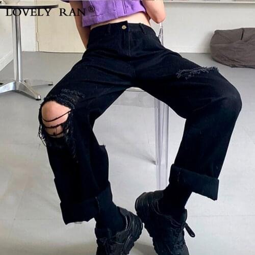 Womens High Waist Hole Straight Jeans Female 2021 Spring Streetwear Casual Loose Wide Leg Pants Lady Fashion Streetwear Pant