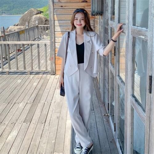 Summer Two Piece Suits Blazer and Pants Sets Women Fashion Korean Elegant Short Jacket High Waist Straight Trouseres Outfits