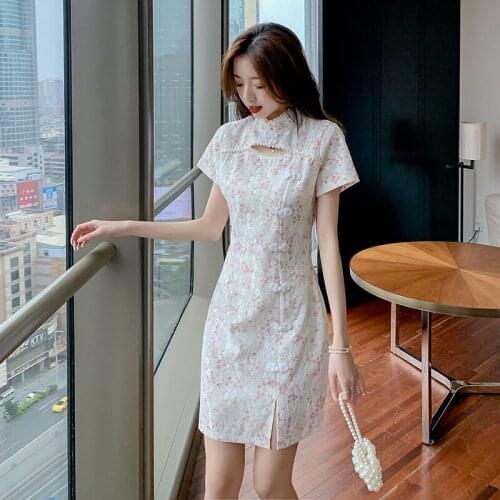 2021 Summer New Sweet Improved Cheongsam French Small Fresh Floral Wrap Hip Skirt Slim Dress Women