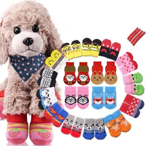 Warm Puppy Dog Shoes Soft Pet Knits Socks 4Pcs Cute Cartoon Anti-Slip Skid Socks for Small Dogs Chihuahua Paw Protector S/M/L