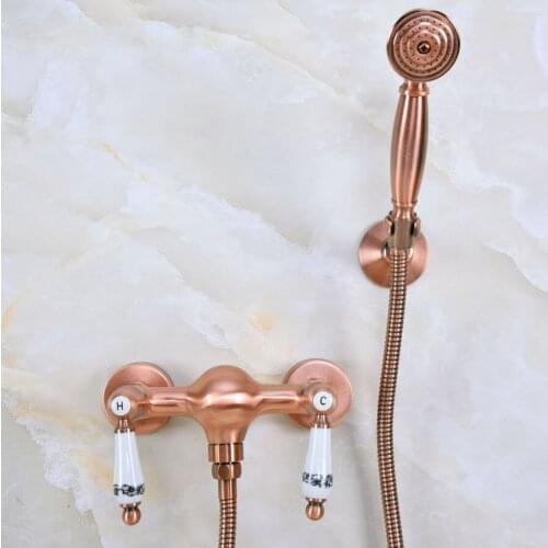 Antique Red Copper Brass Dual Ceramic Levers Handles Wall Mounted Bathroom Hand Held Shower Head Faucet Set Mixer Tap ana300