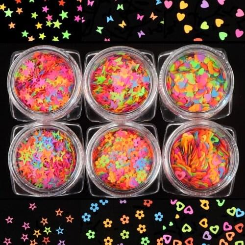 6 Boxes/set Fluorescence Butterfly Heart Star Flower Shape Noen Nail Art Glitter Flakes 3D Sequins Manicure Nails Decoration
