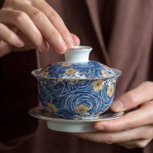 Ceramic Enamel Color Gaiwan Hand Painted Tea Tureen Office Teacup Kung Fu Drinkware Blue and White Porcelain Tea Bowl with Cover