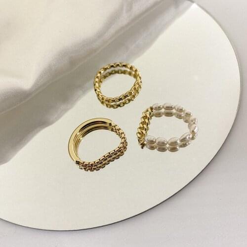 ALLNEWME Elegant Baroque Irregular Pearls Rings for Women Shiny CZ Stone Gold Color Chunky Cuban Chain Ring Statement Jewelry