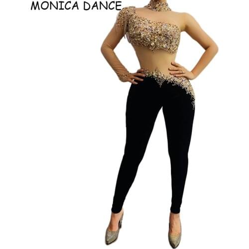 Women Sexy Multi-color Rhinestones Fringe Transparent Sleeve Jumpsuit Black Velvet Leggings Dance Outfit Bar Singer Wear Outfit