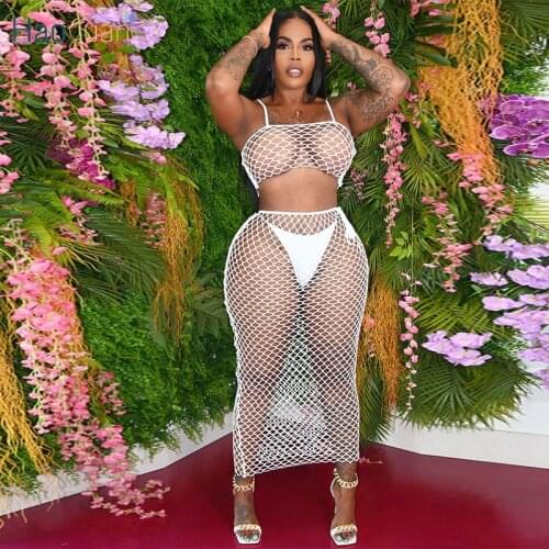 HAOYUAN Mesh Sheer 3 Piece Set Spaghetti Strap Crop Top Thongs Maxi Skirt Summer Beachwear Swimsuit Sexy Club Matching Dress Set